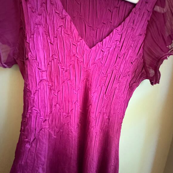 Komarov Fuchsia Purple Short Sleeve V-neck Midi Dress Sheer Sleeves Crinkle XL - Picture 6 of 8
